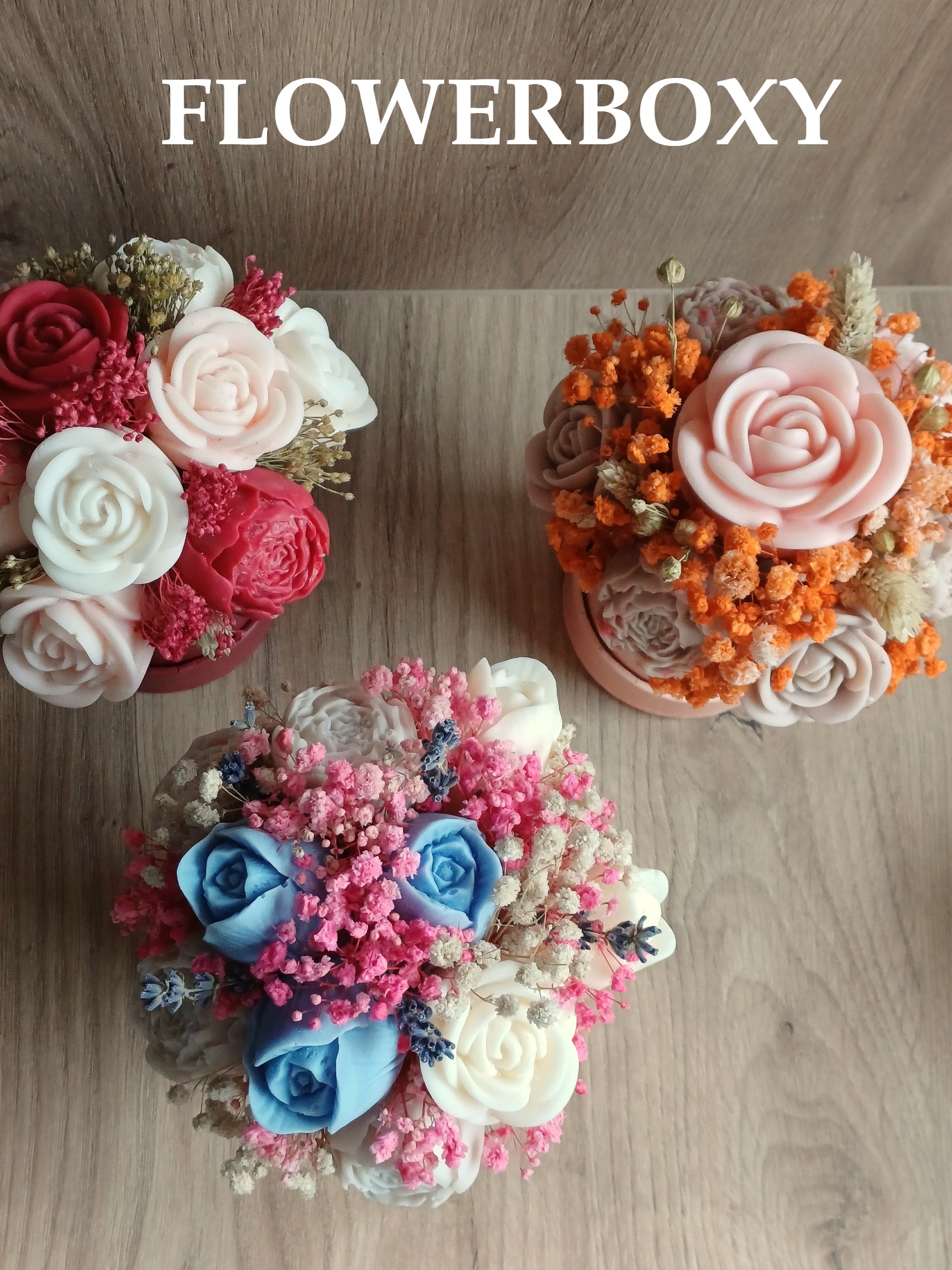 flowerboxy sojowe kolorowe bukiety z woskowych kwiatów